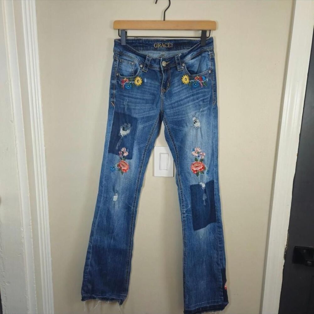 Grace In LA Embroidery Floral Low Rise Jean Women Size 27